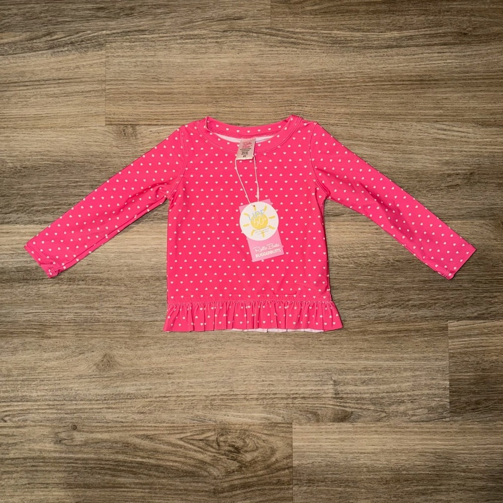 Ruffle Butts Pink Heart Rash Guard 2T UPF 50 Long Sleeve‎ NWT